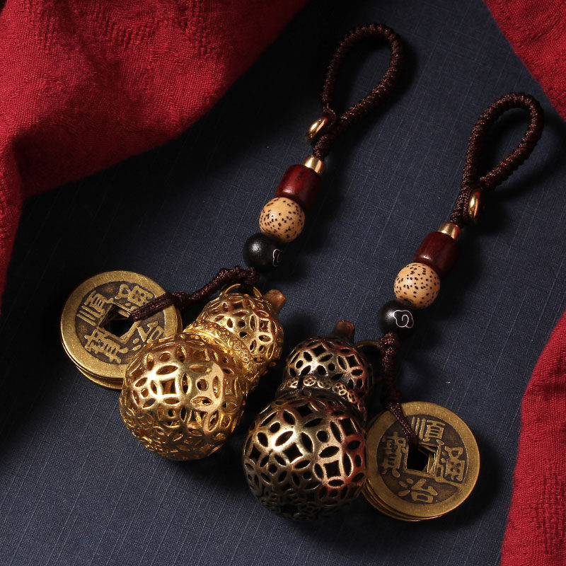 纯铜招财金钱大葫芦车钥匙挂件男女吊坠饰复古黄铜五帝钱吉祥金属