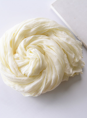 日本外贸原单秋冬棉麻围巾女褶皱米白色文艺超大围巾披肩休闲围巾