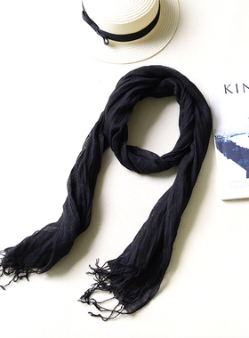 窄小亚麻围巾夏天超薄款护颈细长围巾黑色棉麻纯色褶皱男女通用