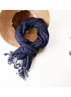 春秋亚麻围巾女士薄款苎麻深蓝色围巾棉麻圆点波点100%纯亚麻文艺