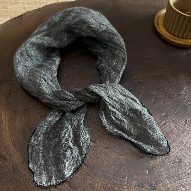 日系亚麻复古深灰色小方巾男女个性颈巾夏季薄款文艺法式港风围巾