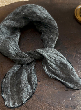 日系亚麻复古深灰色小方巾男女个性颈巾夏季薄款文艺法式港风围巾