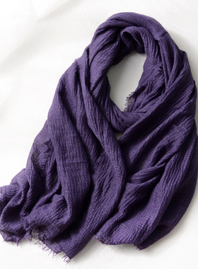 棉麻围巾女春秋薄款冬季韩版长款百搭优雅紫色黑色围巾纯色披肩女