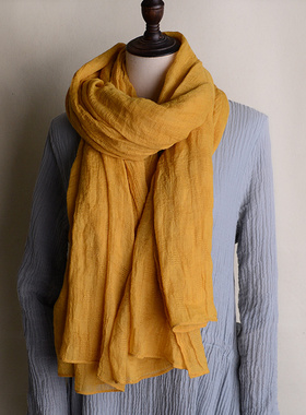 春秋冬季棉麻围巾女姜黄米色纯色镂空网格韩版文艺长款披肩加大