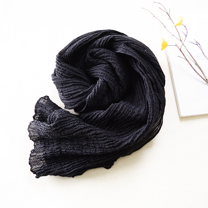 亚麻春秋男女文艺褶皱墨绿色围巾