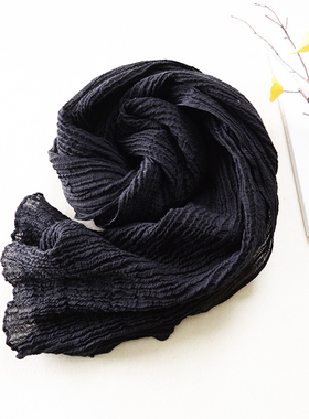 黑色亚麻围巾春秋棉麻男女纯色文艺褶皱墨绿色围巾素色长款