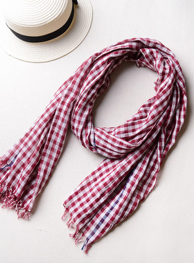 日式 红色格子围巾女薄款纯棉莫代尔黑白小格子围巾披肩棉麻丝巾