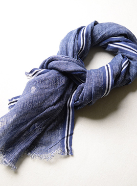 日系围巾外贸出口薄款亚麻围巾男女小尺寸藏蓝色黑白边条纹棉麻