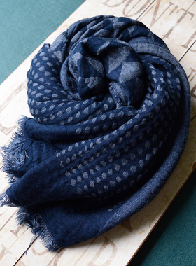 日系春秋季围巾披肩两用长款百搭长方形通用男女蜡染风蓝色民族