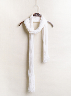 春秋围巾女士薄款褶皱丝巾纯色细窄长条棉麻围巾秋款搭配装饰百搭