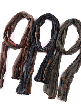 日本原单22cm宽夏季细长窄版棉麻围巾女薄款炒色复古文艺百搭护颈