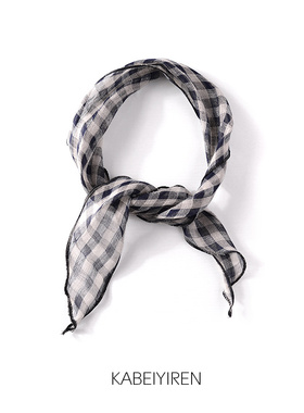 卡贝伊人原创亚麻日系复古格子小围巾颈巾文艺小丝巾夏季薄款护颈