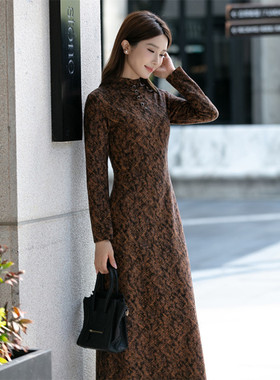 澳绒连衣裙女长款2025秋冬新款高级感气质加绒修身显瘦过膝长裙子