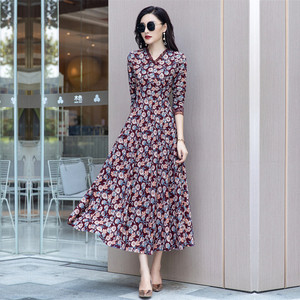 碎花连衣裙女长款长袖2025春秋新款法式时尚气质收腰显瘦雪纺长裙