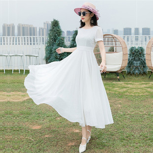 白色短袖雪纺连衣裙女长款到脚踝2025夏季新款超仙气质大摆长裙子
