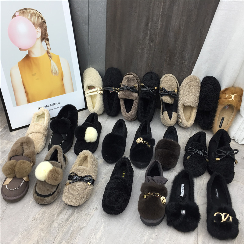 品牌撤柜女士保暖毛毛鞋断码清仓处理百搭加绒豆豆鞋平底舒适女鞋
