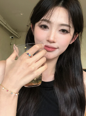 甜美彩色闪钻四叶草开口戒指手链