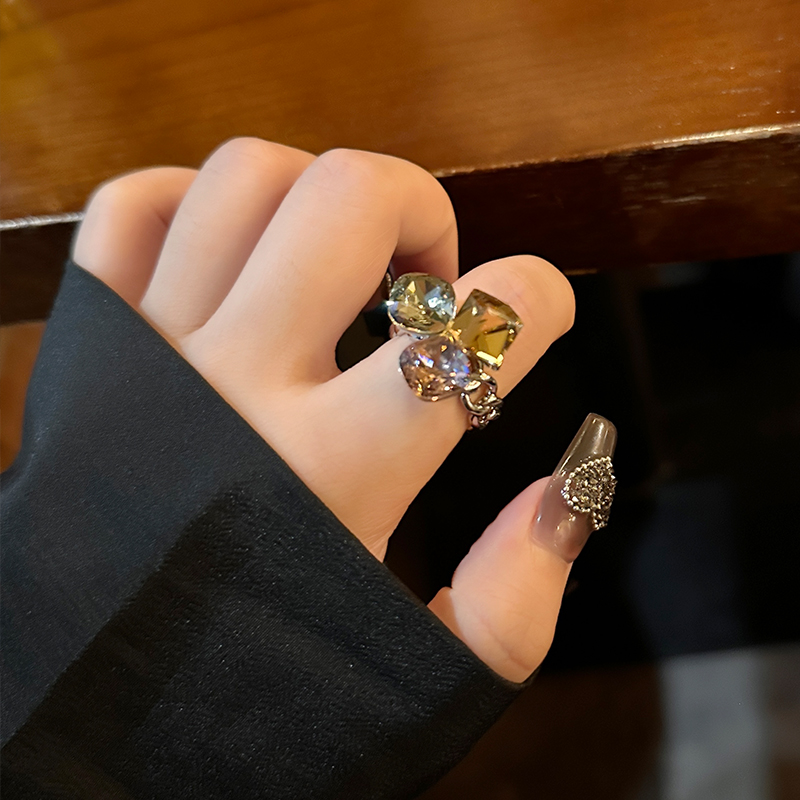 复古美拉德几何彩色镶钻戒指指环