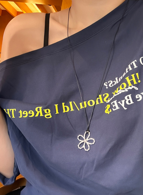 简约夏季金属花朵吊坠项链气质抽拉款黑色皮绳锁骨链颈链甜酷配饰
