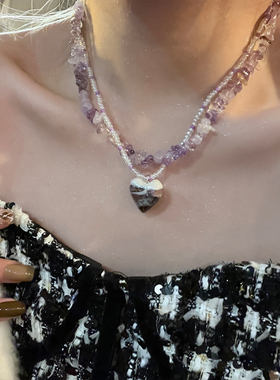 春夏甜美爱心紫色水晶双层项链