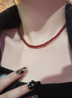 点绛唇红色天然石项链女手工串珠