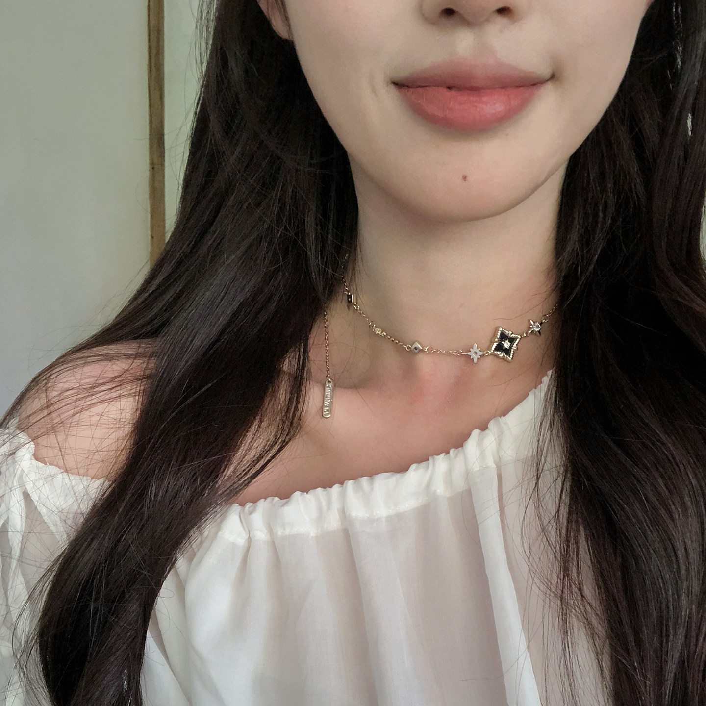 复古黑金撞色几何菱形四叶草项链