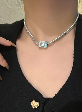 小众独特蓝色滴釉小相机项链