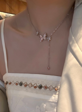 春季轻奢甜美粉色蝴蝶流苏项链