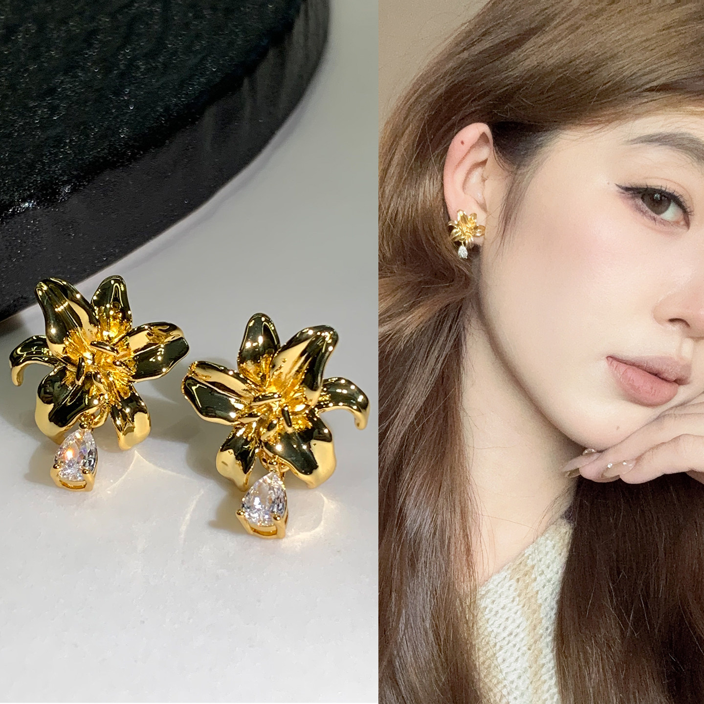 法式复古金色百合花耳环轻奢高级感镶钻花朵耳钉精致冬通勤耳饰,饰品/流行首饰/时尚饰品新,耳环,淘宝优惠券,粉丝福利购,淘宝优惠卷