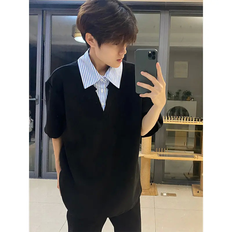 黑色假两件衬衫领短袖男款夏季潮牌高级感polo领t恤痞帅男装半袖