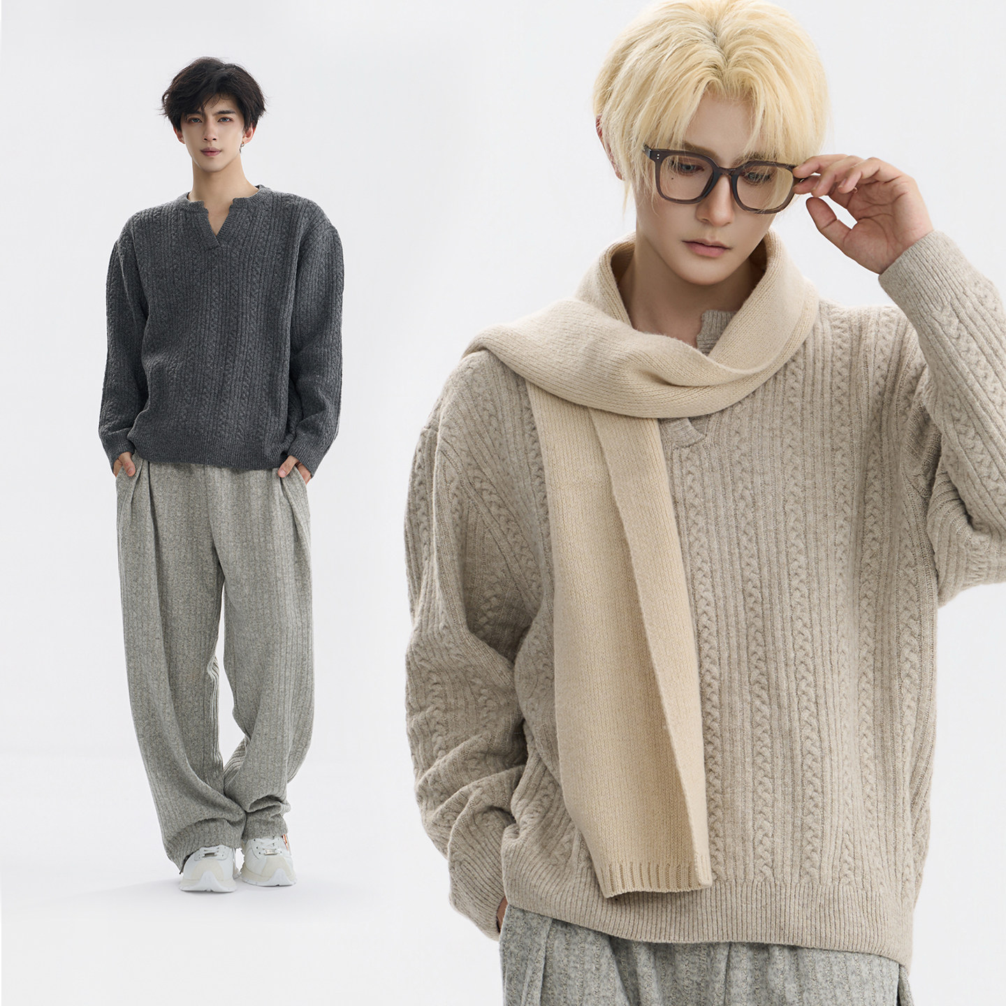 老钱风复古绞花肌理小V领毛衣男女秋冬季保暖慵懒风宽松针织衫潮