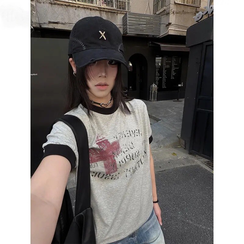 夏季美式复古时尚印花修身正肩短袖T恤男女街头小众百搭纯棉上衣