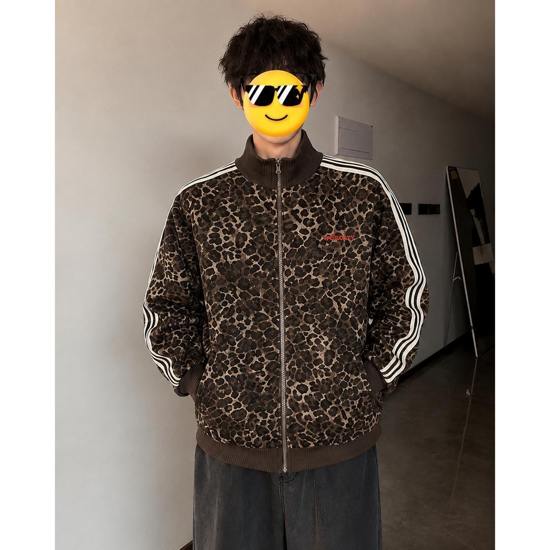 设计感豹纹高领卫衣外套男款早秋新款时尚百搭潮流休闲气质上衣