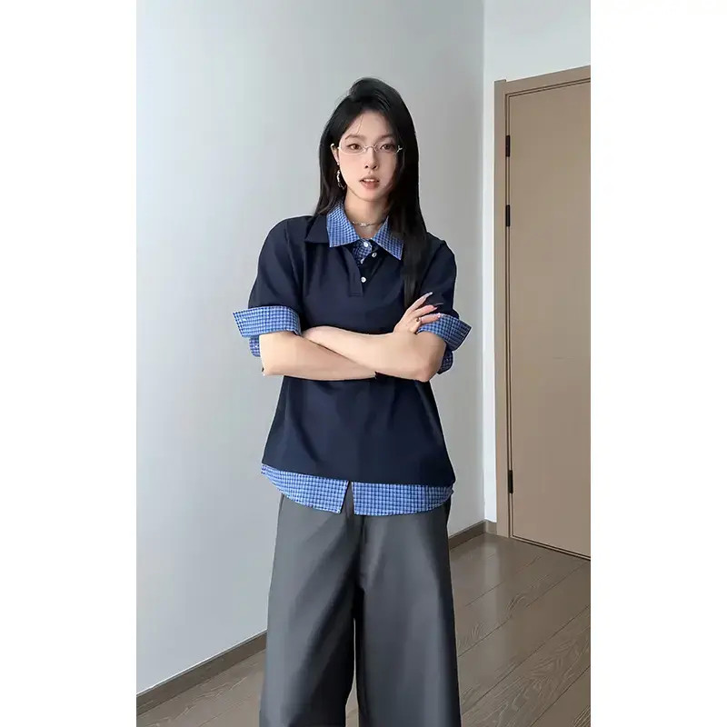 假两件拼接格纹正肩polo衫男女夏季高级感学院风翻领短袖T恤
