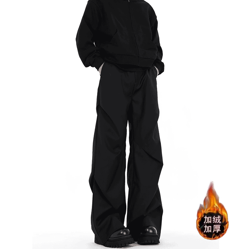 美式高街褶皱拖地伞兵裤子男款微喇西裤秋冬季加绒cleanfit休闲裤