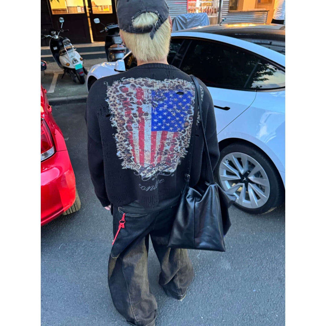 美式复古豹纹旗帜印花针织衫男女秋冬季破洞百搭休闲慵懒开衫毛衣