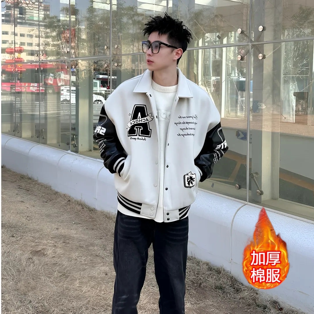 美式潮牌翻领刺绣棒球棉服男秋冬季新款保暖复古情侣宽松棉衣外套