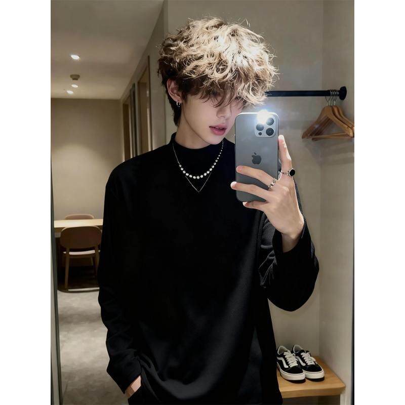 黑色半高领德绒打底衫男冬季潮牌穿搭卫衣美式重磅cleanfit打底衫
