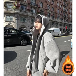 加绒加厚重磅空气层连帽开衫卫衣男硬挺美式cleanfit廓形拉链外套