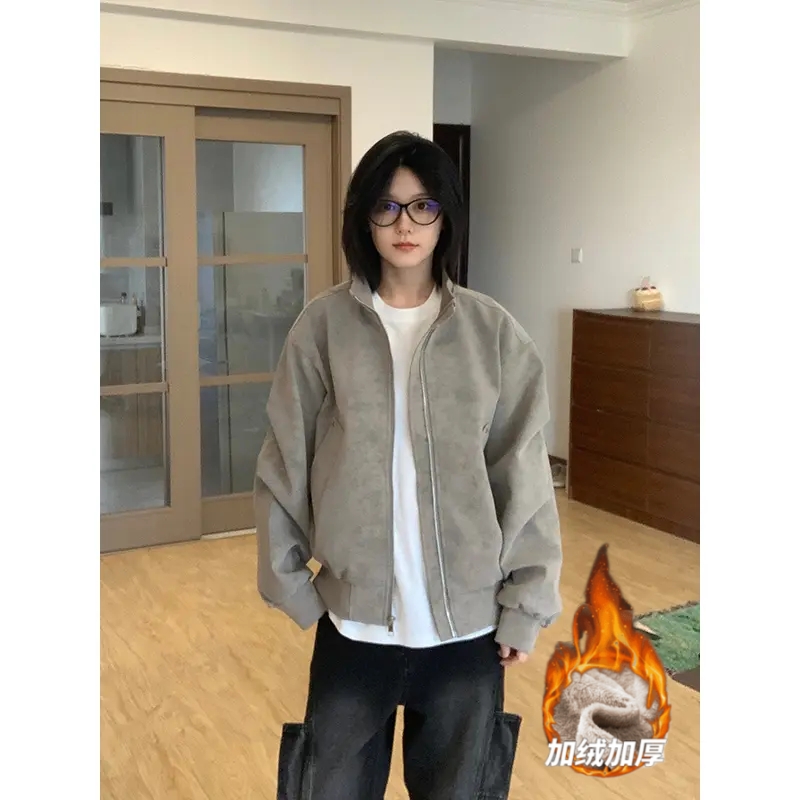 【加绒加厚】扎染美式复古PU皮衣夹克立领飞行外套男女同款棉衣棉