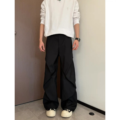 秋冬美式宽松褶皱阔腿拖地微喇垂感休闲裤黑色西裤男款2790