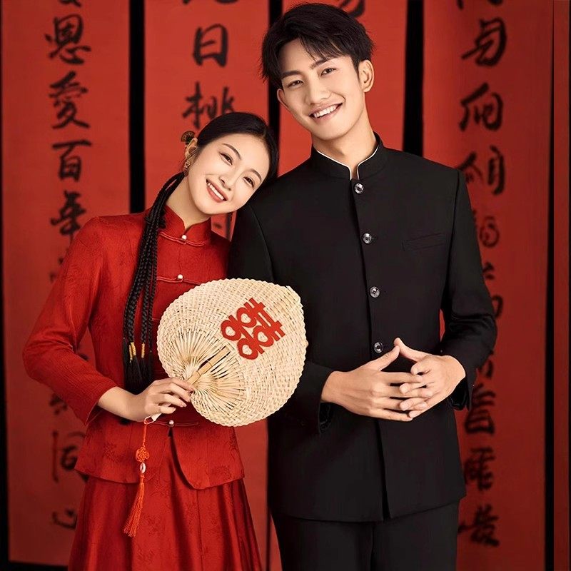春季新中式中山装国风立领宽松西服套装男士结婚订婚礼中式高级感