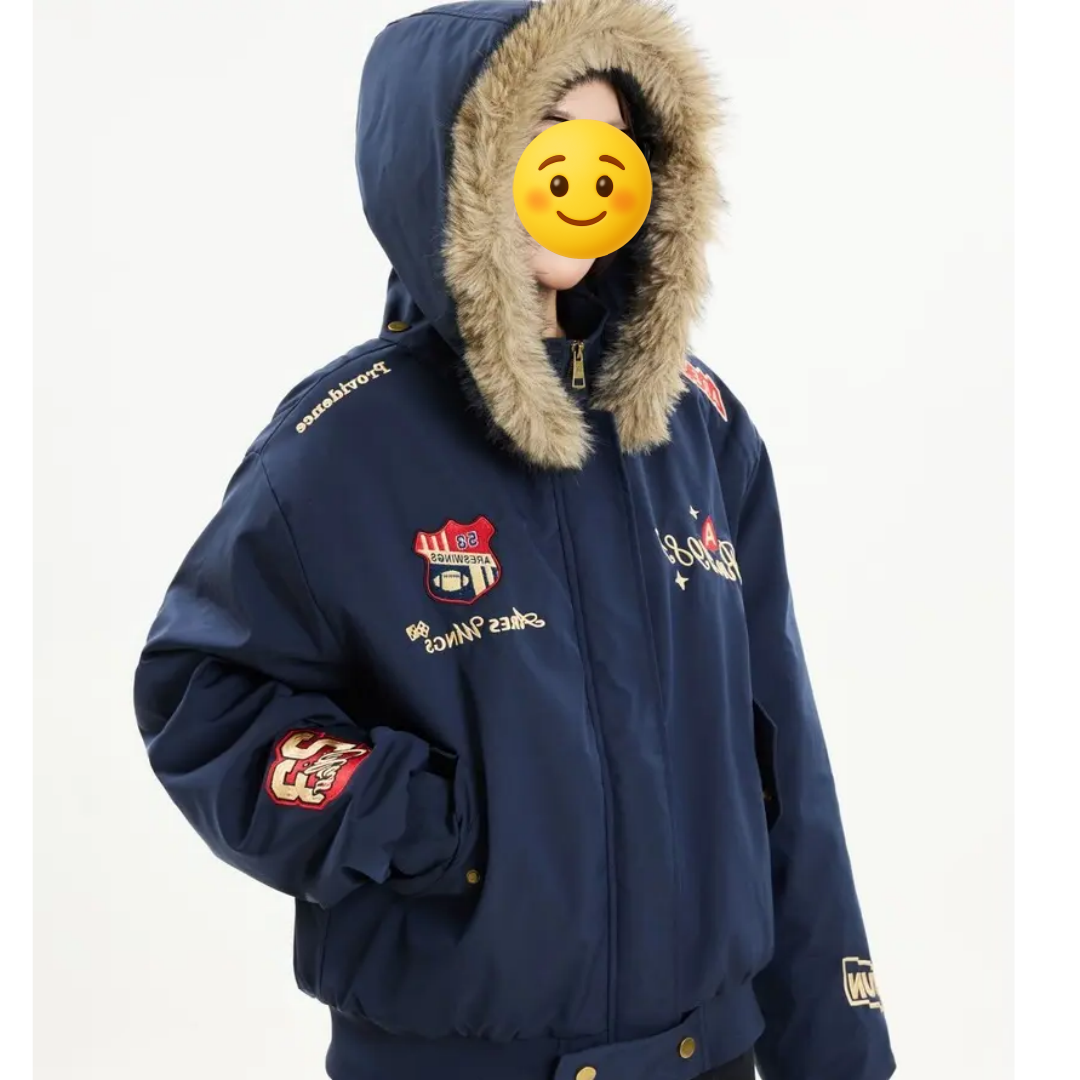 大毛领连帽美式复古刺绣徽章棉衣男女同款秋冬加厚百搭棉服外套