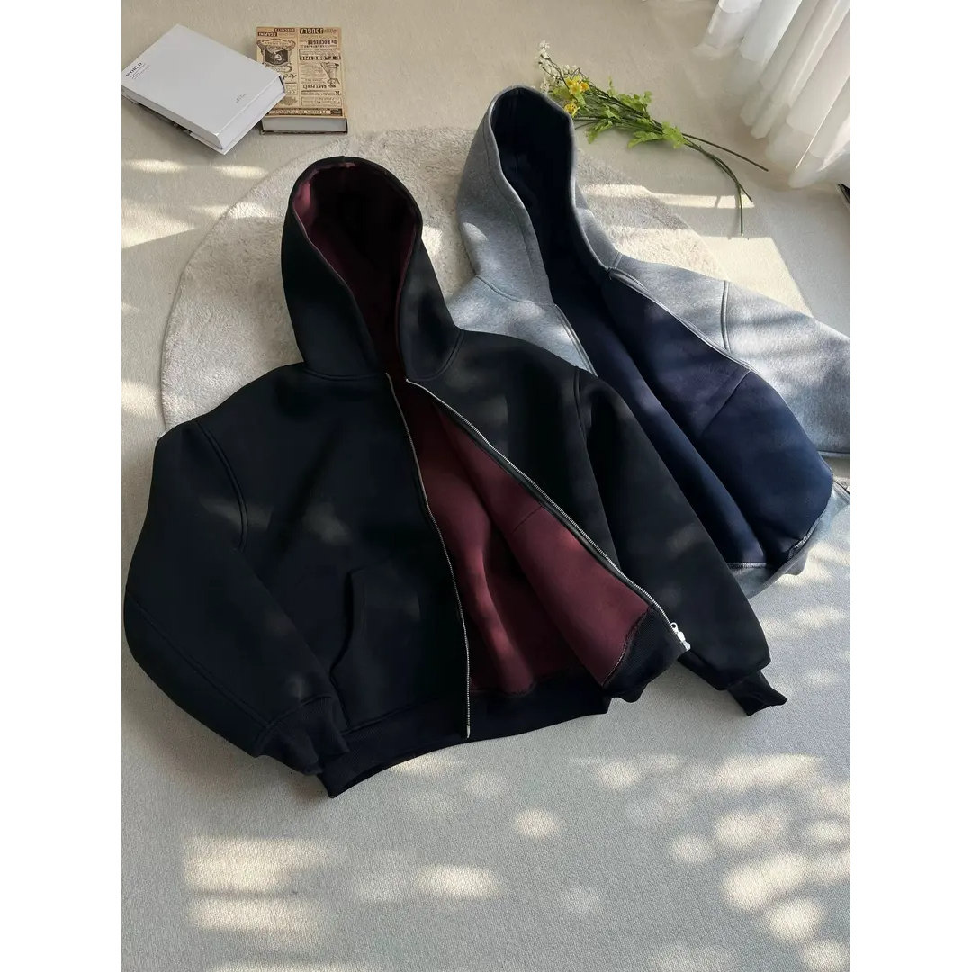 酒红3.0双面穿复合640g空气层纯色连帽拉链卫衣cleanfit开衫外套