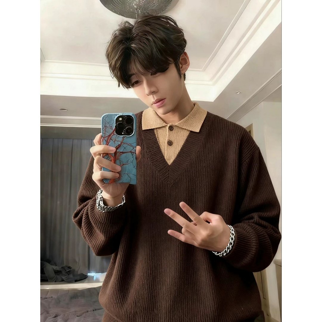 咖色假两件针织衫毛衣男款秋冬老钱风polo衫高级感痞帅内搭打底衫