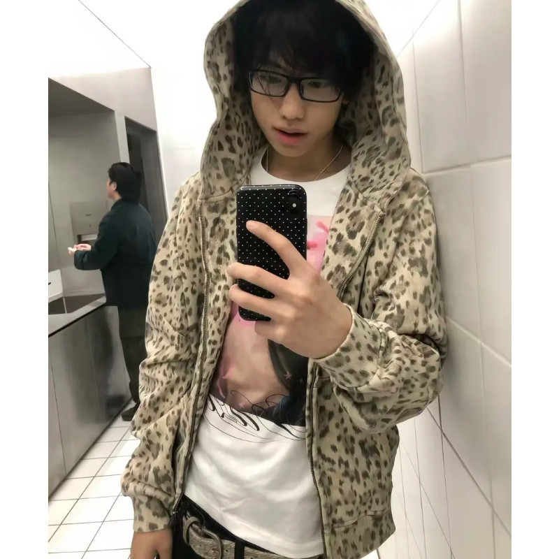 美式豹纹印花连帽卫衣衣服外套男女2026早秋高级修身显瘦短外套