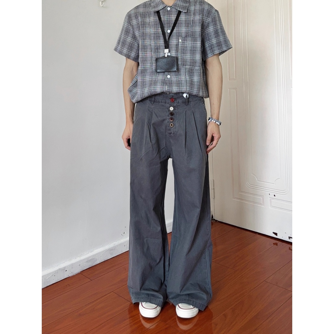 美式复古彩色钮扣裤子男女cleanfit宽松西裤直筒阔腿休闲百搭长裤