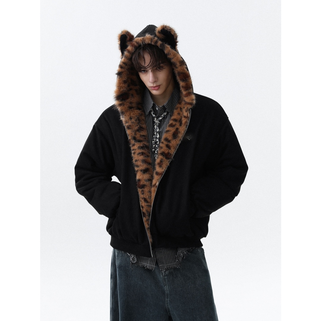 美式加厚豹纹毛绒连帽棉服男女夹克秋冬季保暖麂皮绒情侣棉衣外套
