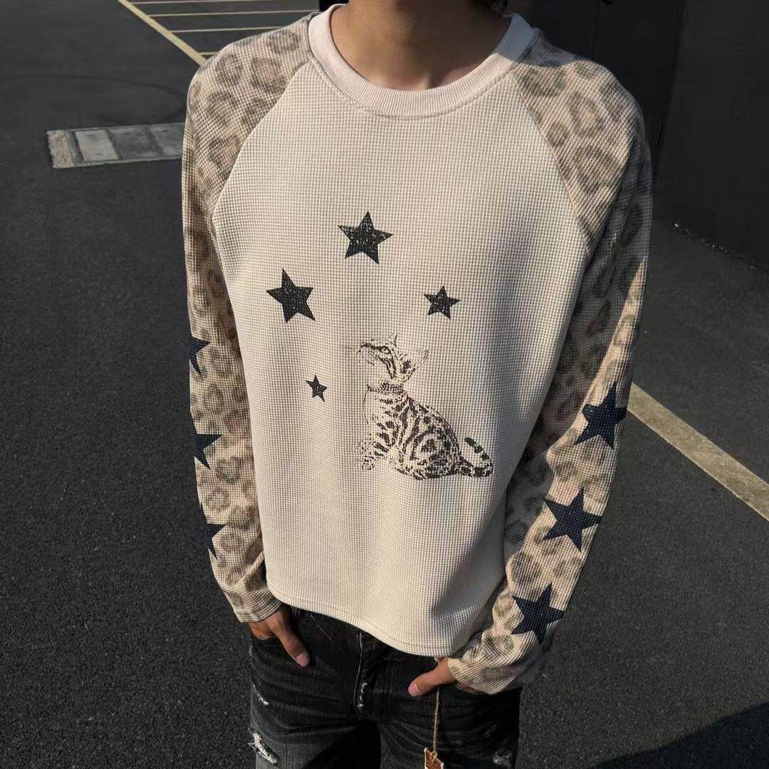 “星星豹猫”复古豹纹合身正肩显瘦街头情侣插肩长袖T恤男