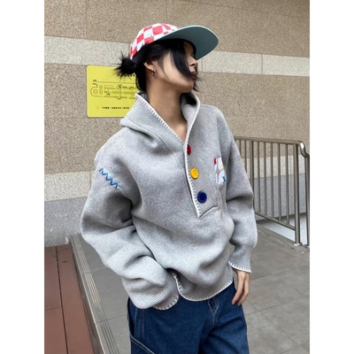 美式复古刺绣连帽毛衣男女秋冬季多巴胺纽扣针织衫宽松慵懒毛线衣